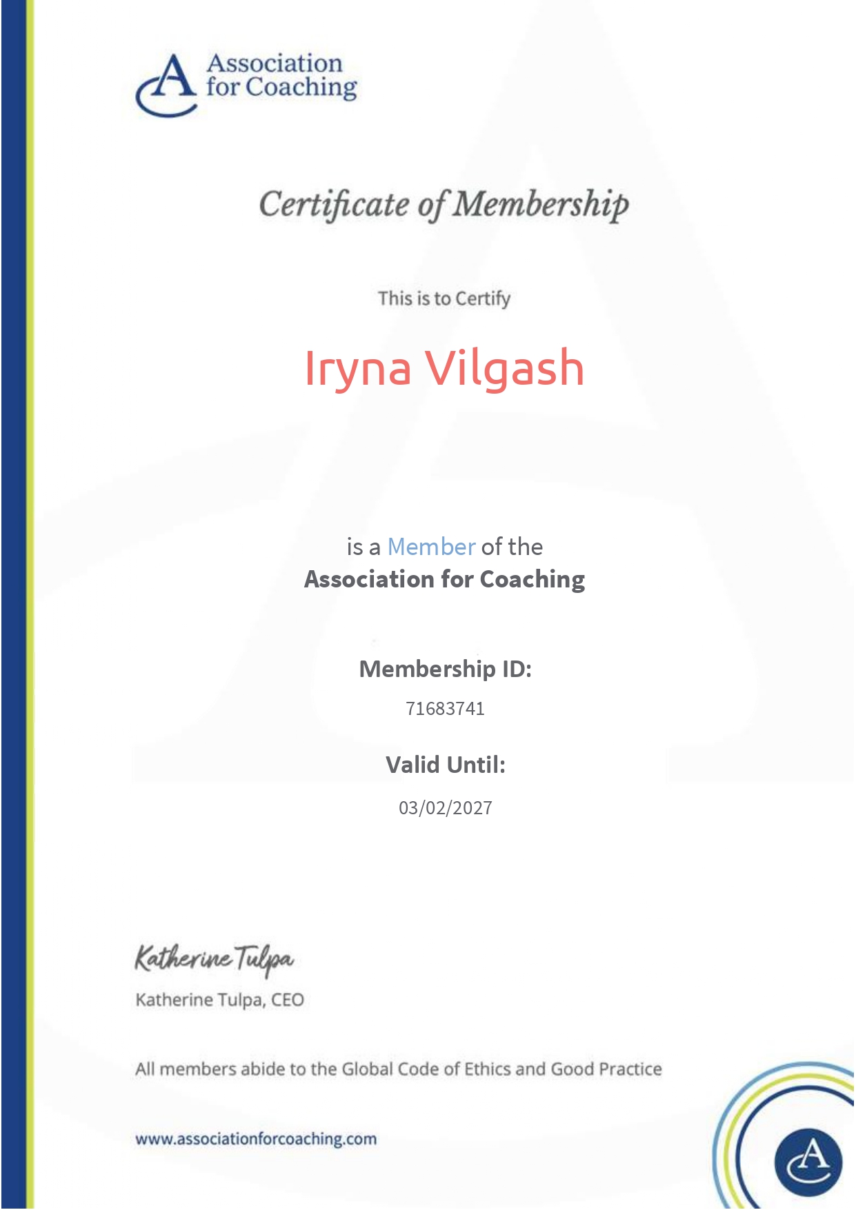 Certificate of Membership. Iryna Vilgash